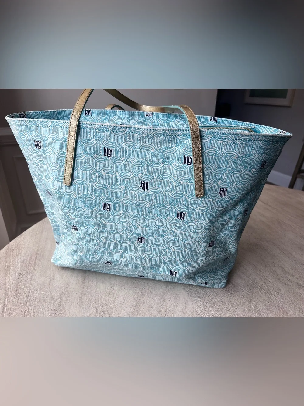 Lilly Pulitzer Shorely Blue Patterned Resort Tote with Gold Straps